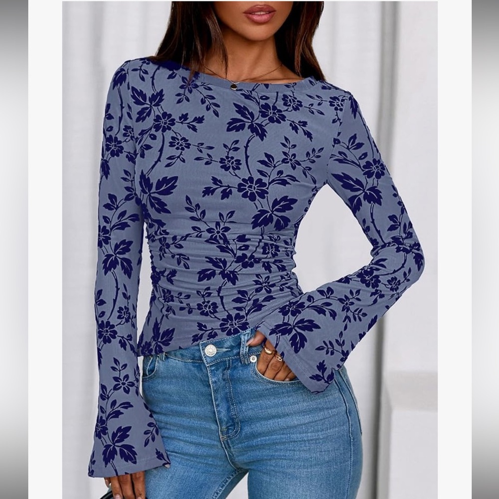 Floral Long Sleeve Ruched Tee - Slate Blue